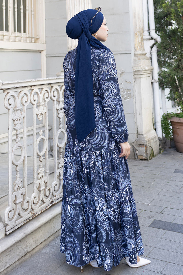 BNG Women Desenli Tesettür Jessica Elbise B587 Lacivert - Heerlen
