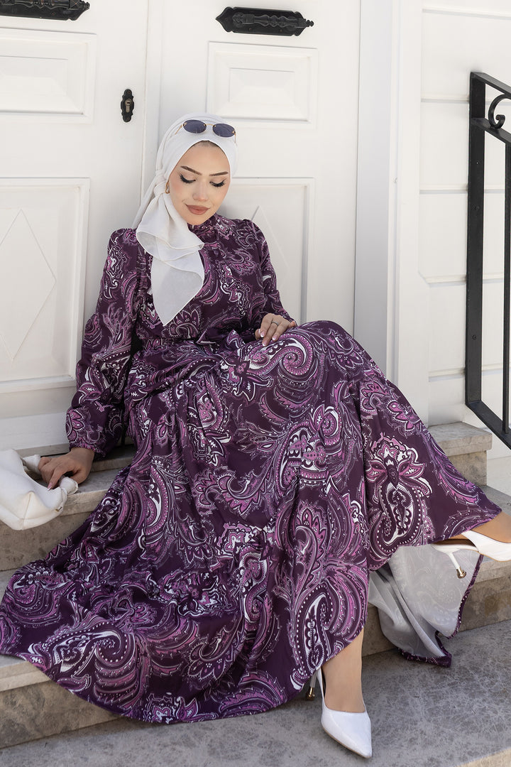 BNG Women Desenli Tesettür Jessica Elbise B587 Mor - Angoulême