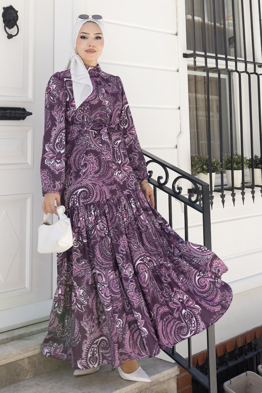 BNG Women Desenli Tesettür Jessica Elbise B587 Mor - Angoulême