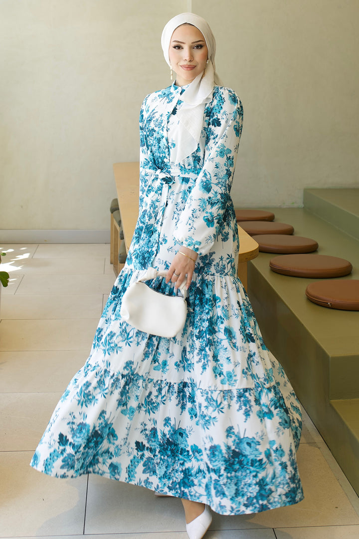BNG Women Desenli Tesettür  Jessica Elbise B589 Turkuaz - Mount Juliet