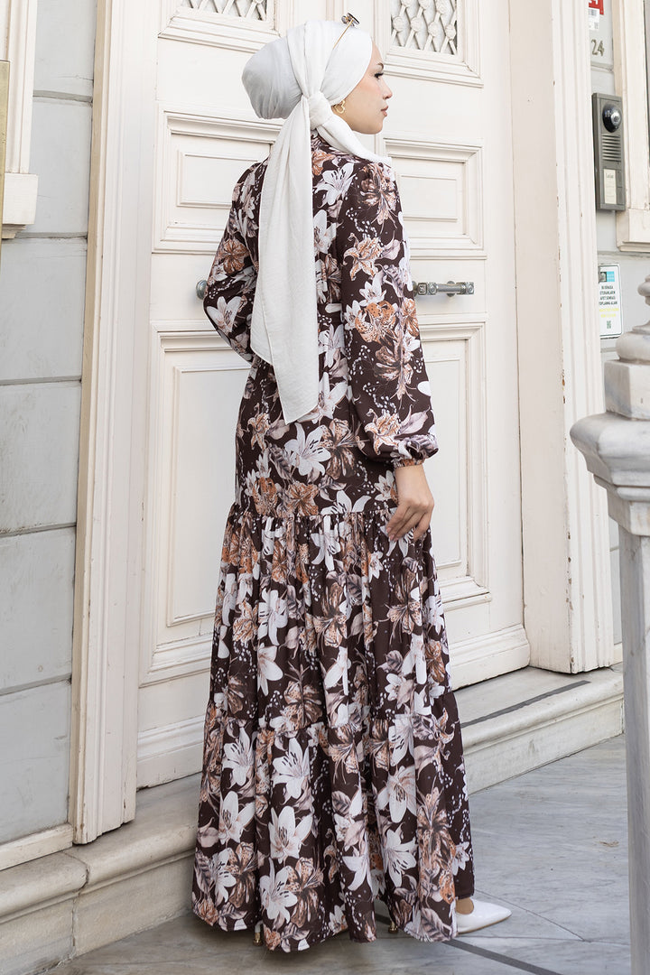 BNG Women Desenli Tesettür  Jessica Elbise B590 Kahverengi - Springfield
