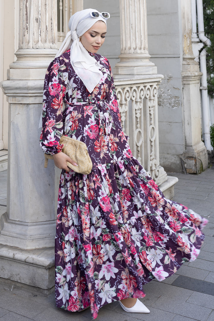 BNG Women Desenli Tesettür  Jessica Elbise B590 Mor - Vaciamadrid
