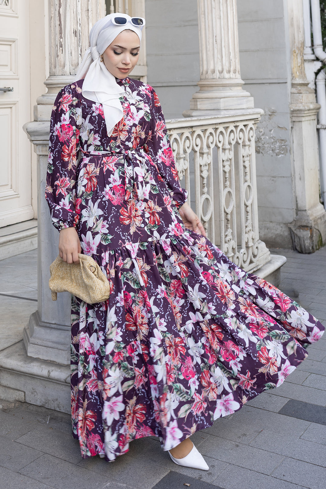 BNG Women Desenli Tesettür  Jessica Elbise B590 Mor - Vaciamadrid