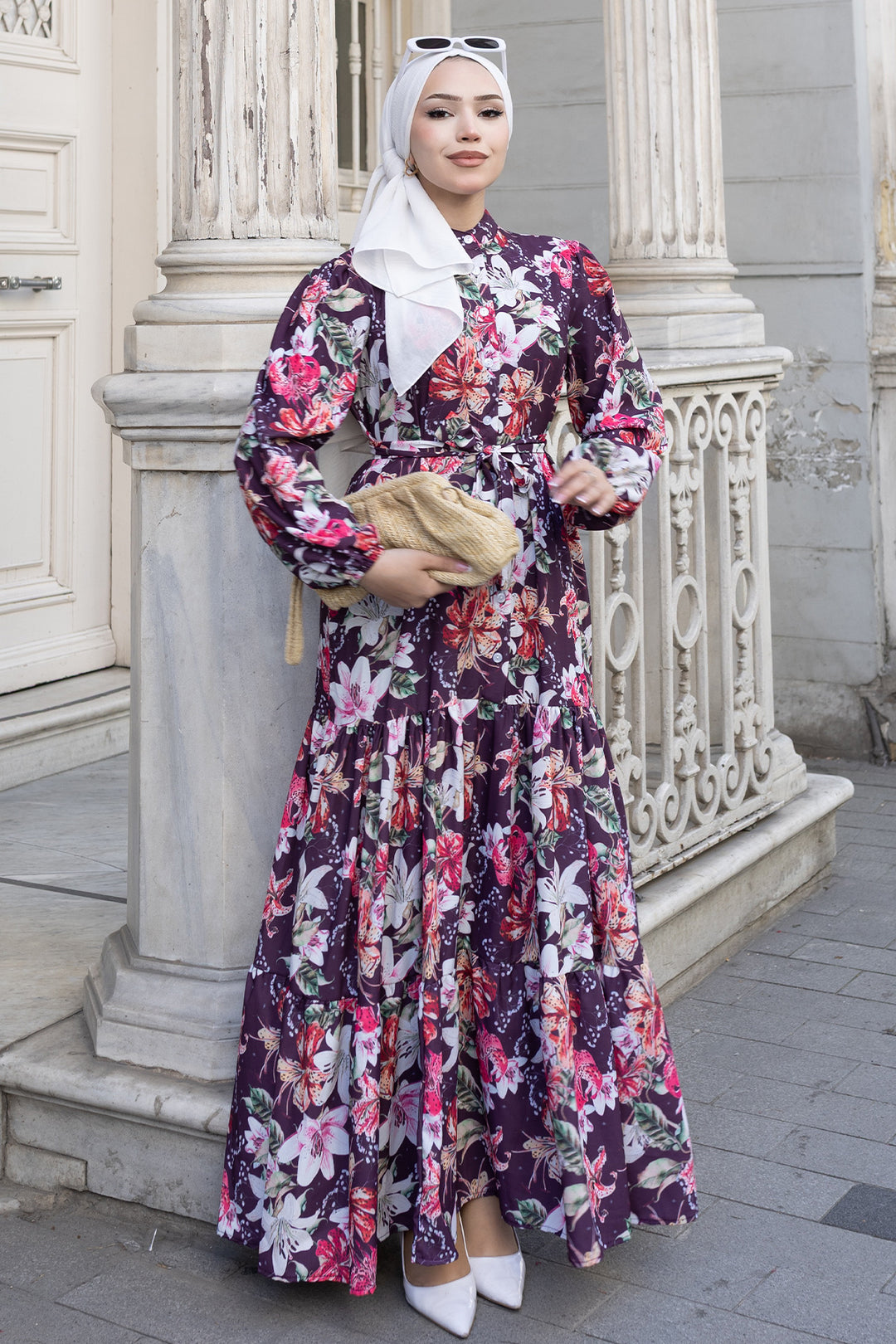 BNG Women Desenli Tesettür  Jessica Elbise B590 Mor - Vaciamadrid