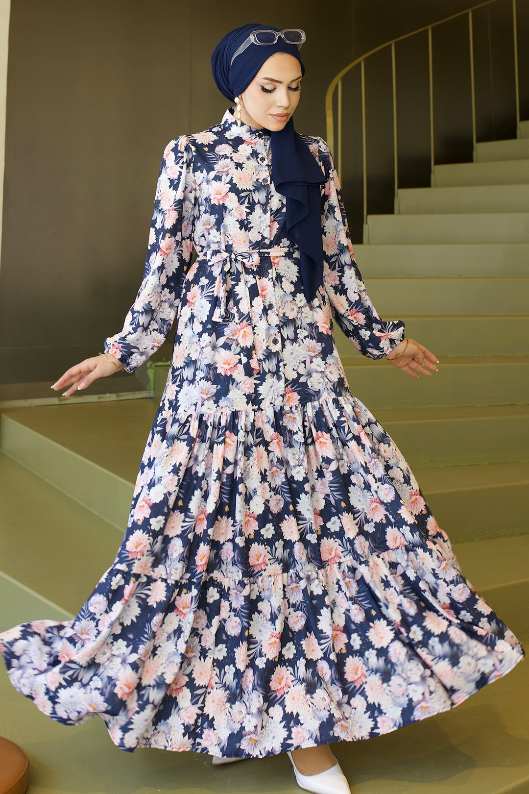 BNG Women Desenli Tesettür  Jessica Elbise B591 Lacivert - Merseburg