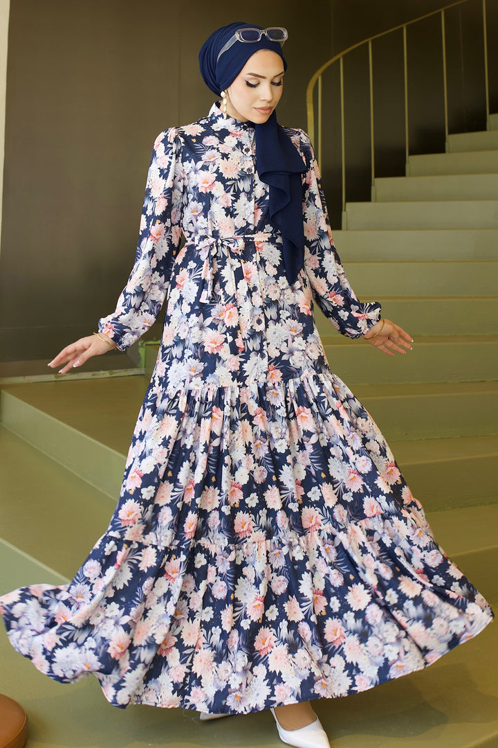 BNG Women Desenli Tesettür  Jessica Elbise B591 Lacivert - Merseburg