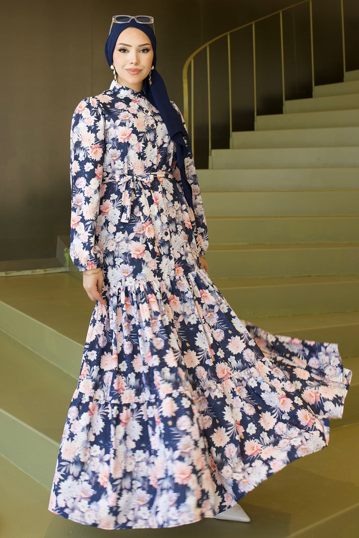 BNG Women Desenli Tesettür  Jessica Elbise B591 Lacivert - Merseburg