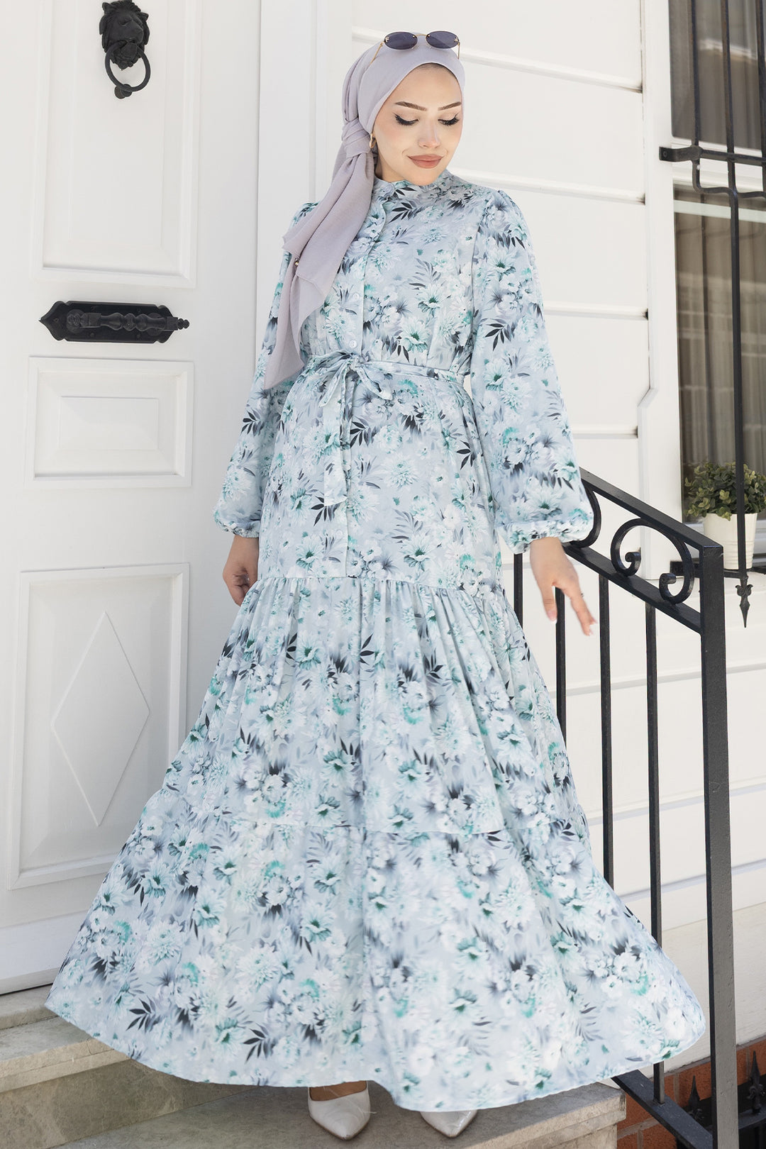 BNG Women Desenli Tesettür  Jessica Elbise B591 Mint Yeşili - Leverkusen