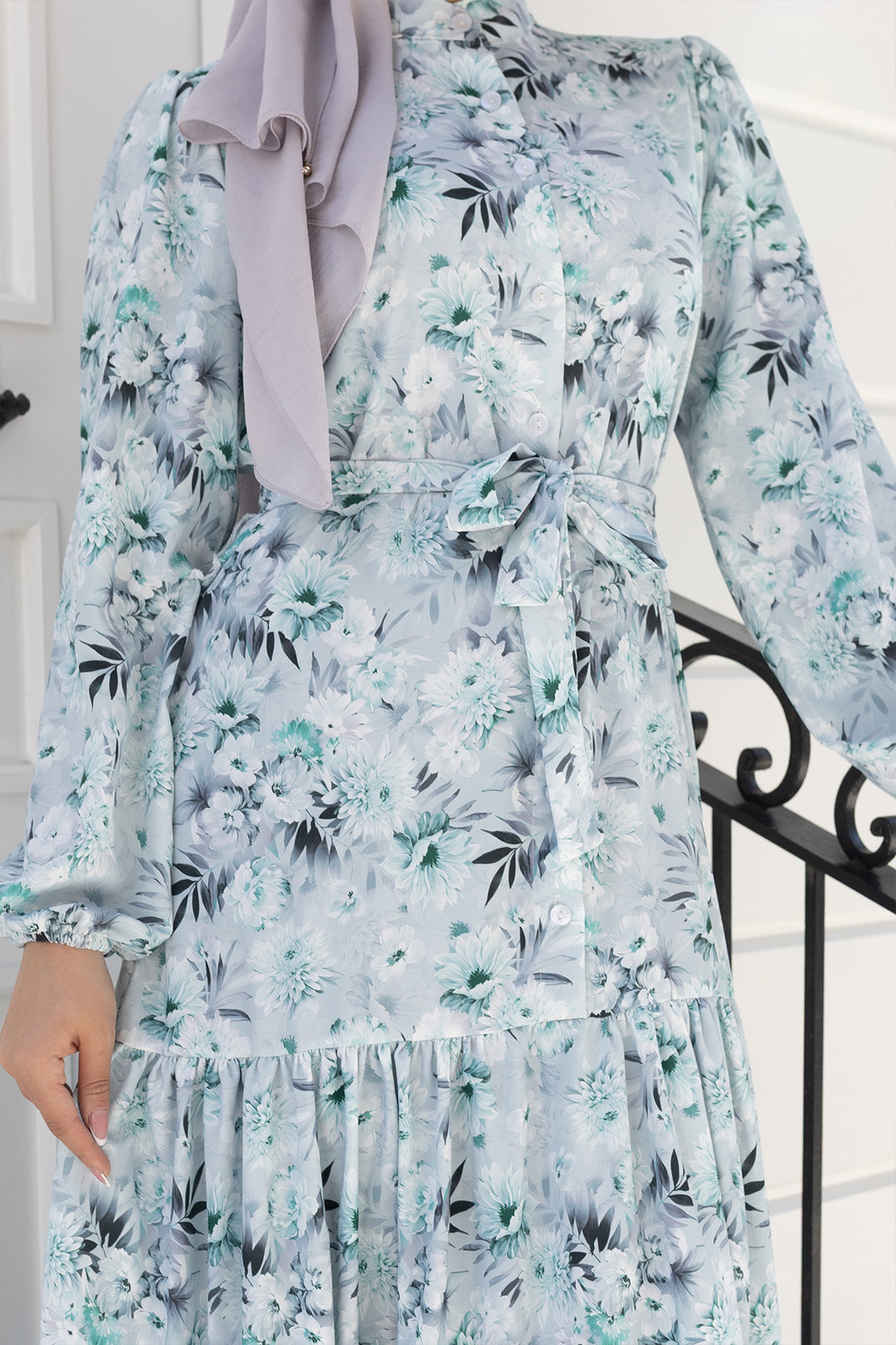 BNG Women Desenli Tesettür  Jessica Elbise B591 Mint Yeşili - Leverkusen