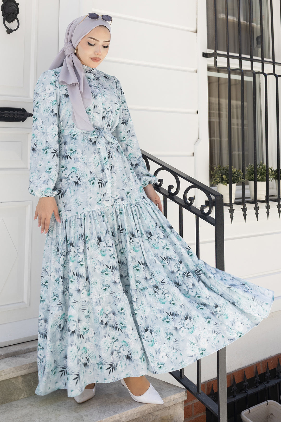 BNG Women Desenli Tesettür  Jessica Elbise B591 Mint Yeşili - Leverkusen