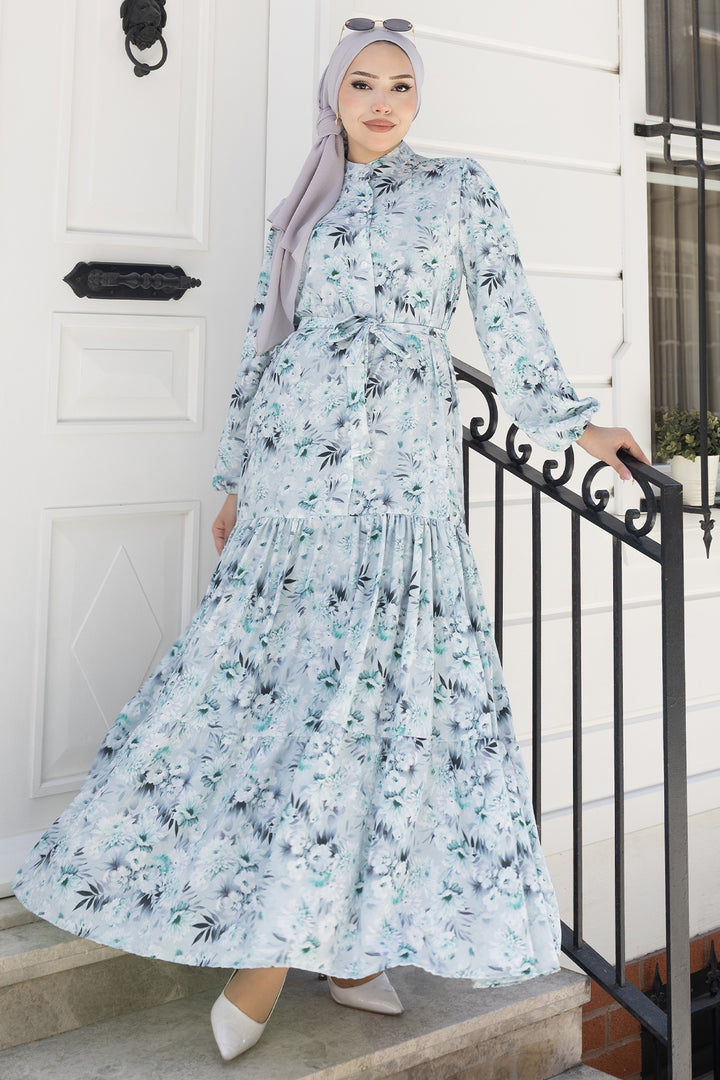 BNG Women Desenli Tesettür  Jessica Elbise B591 Mint Yeşili - Leverkusen