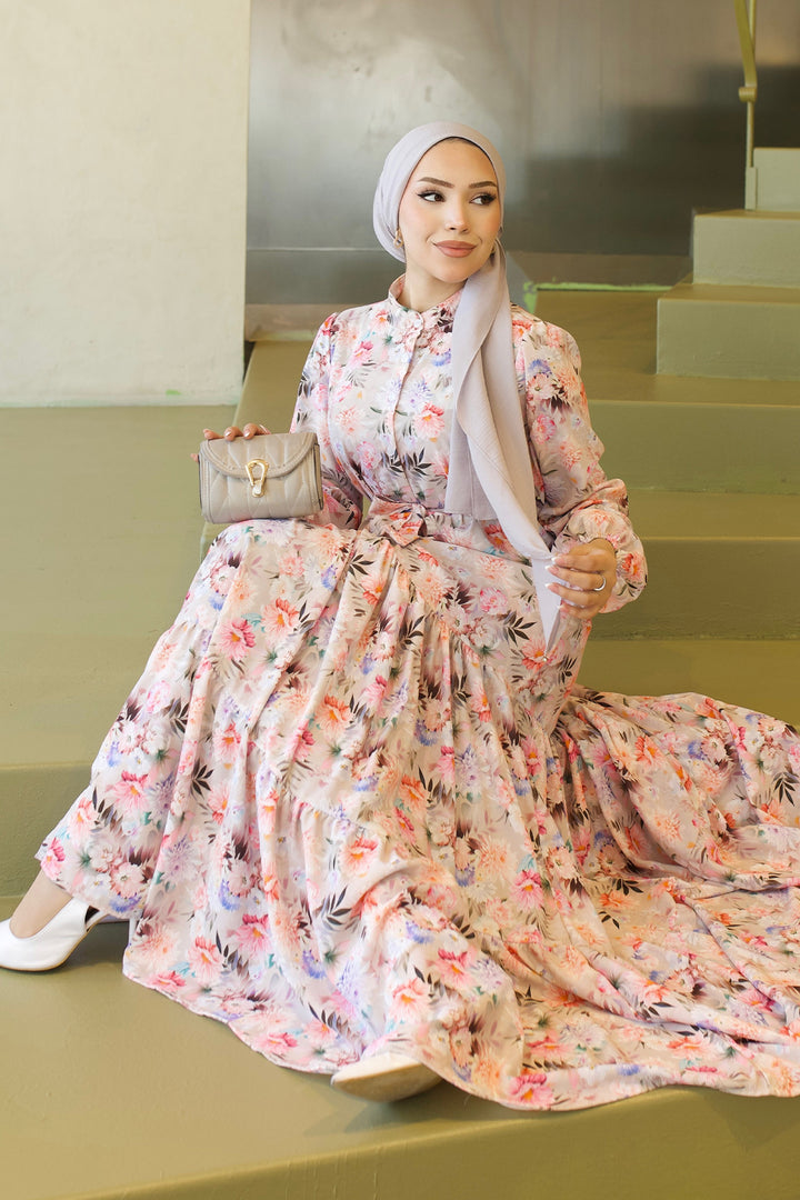 BNG Women Desenli Tesettür  Jessica Elbise B591 Taş Rengi - Neustadt