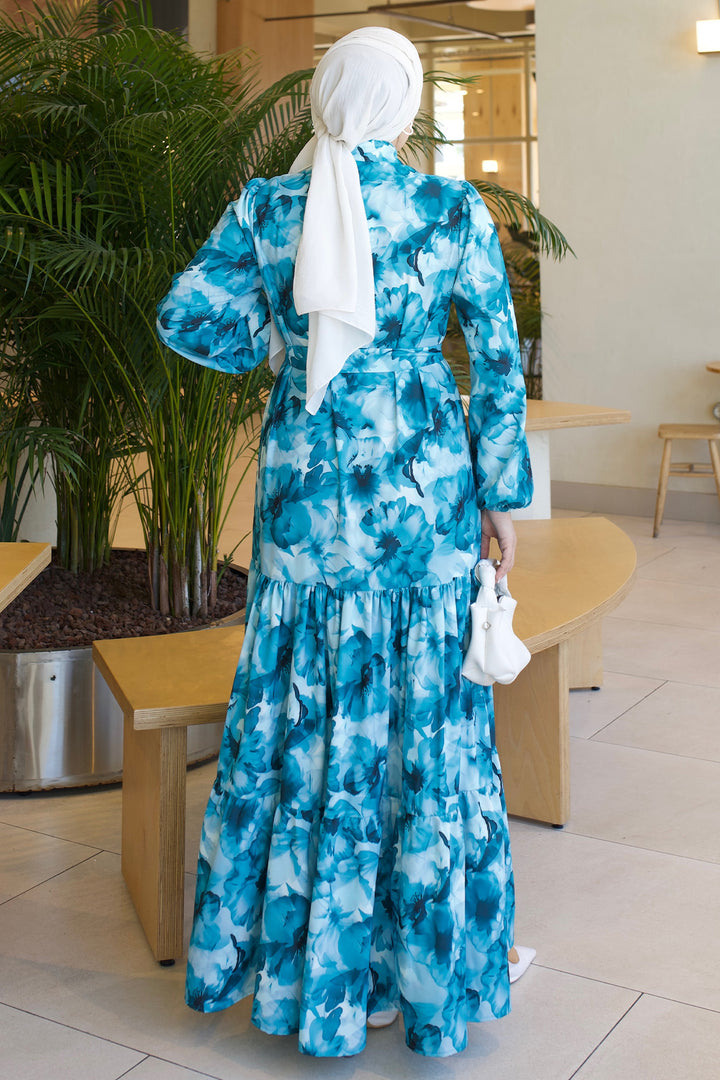 BNG Women Desenli Tesettür  Jessica Elbise B592 Turkuaz - Spring
