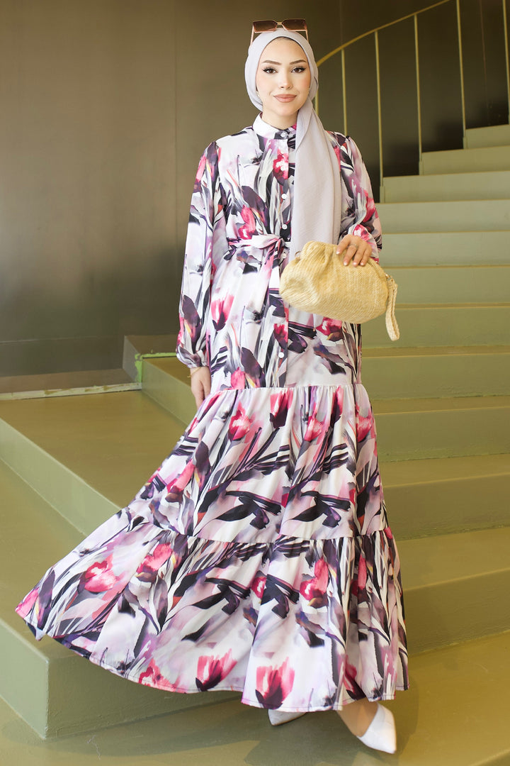 BNG Women Desenli Tesettür  Jessica Elbise B593 Fuşya - Huntington
