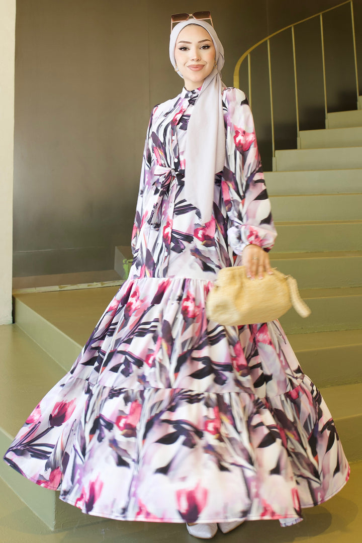 BNG Women Desenli Tesettür  Jessica Elbise B593 Fuşya - Huntington