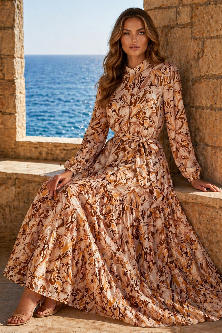 BNG Women Desenli Tesettür  Jessica Elbise B595 Taba - Ermezinde