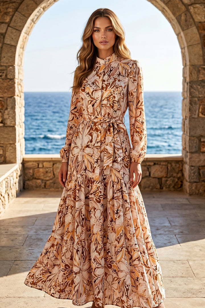 BNG Women Desenli Tesettür  Jessica Elbise B595 Taba - Ermezinde
