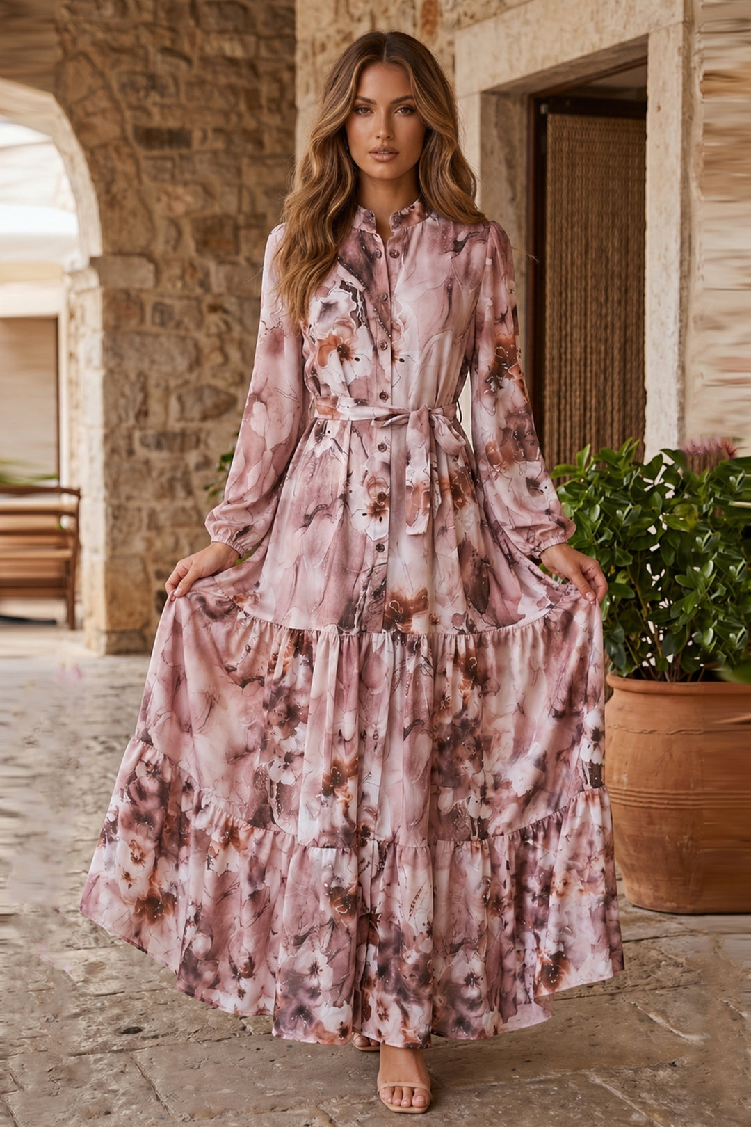 BNG Women Desenli Tesettür  Jessica Elbise B598 Vizon - Fresno