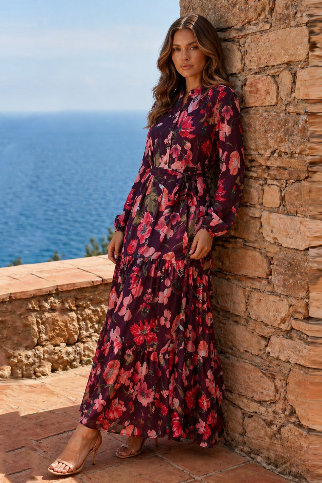 BNG Women Desenli Tesettür  Jessica Elbise B599 Mor - Edmond