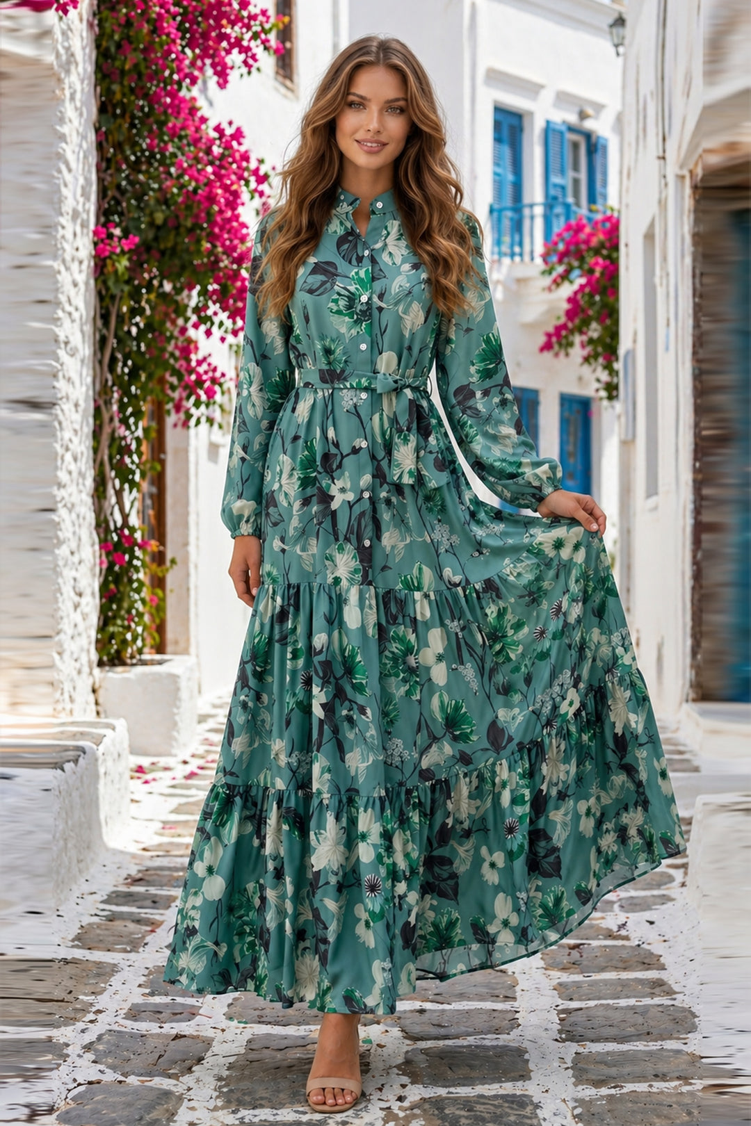 BNG Women Desenli Tesettür  Jessica Elbise B599 Yeşil - Cáceres