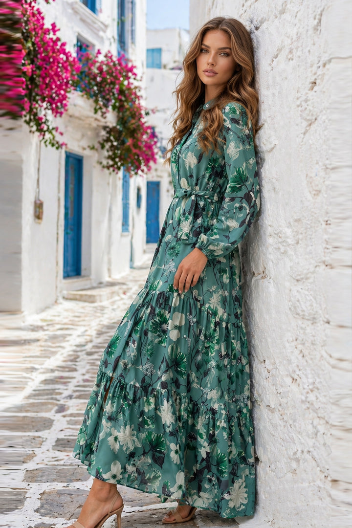 BNG Women Desenli Tesettür  Jessica Elbise B599 Yeşil - Cáceres