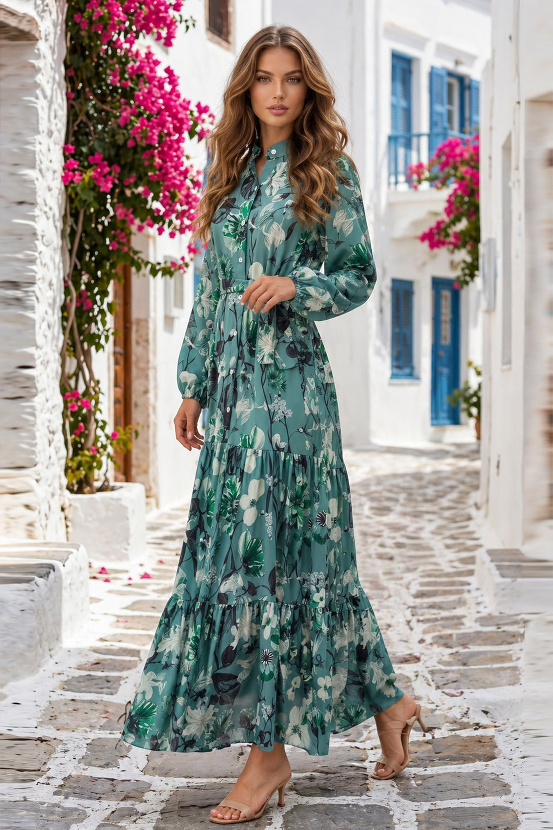 BNG Women Desenli Tesettür  Jessica Elbise B599 Yeşil - Cáceres