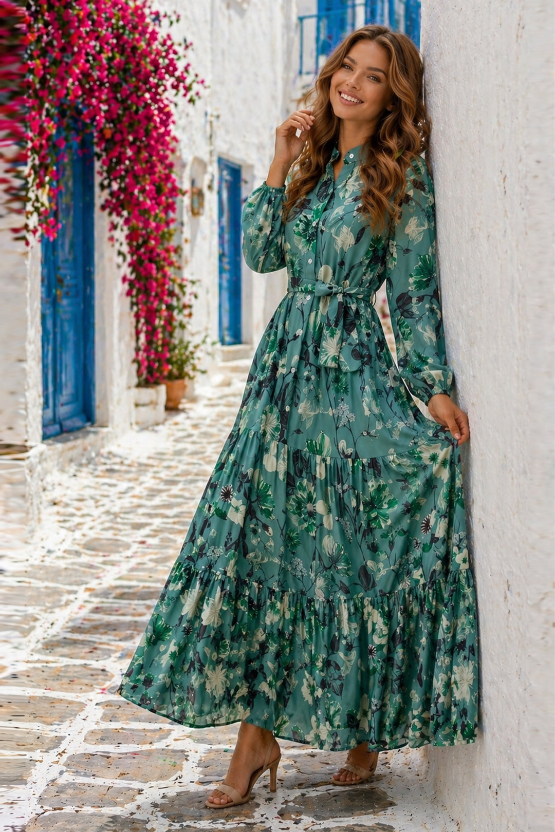 BNG Women Desenli Tesettür  Jessica Elbise B599 Yeşil - Cáceres