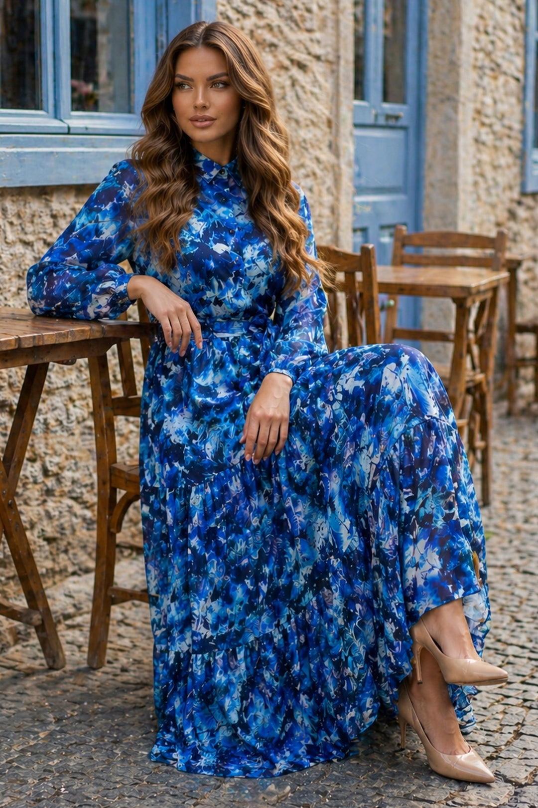 BNG Women Desenli Tesettür  Jessica Elbise B600 Lacivert - Clarkstown