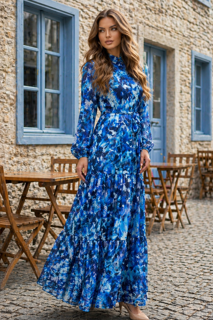 BNG Women Desenli Tesettür  Jessica Elbise B600 Lacivert - Clarkstown
