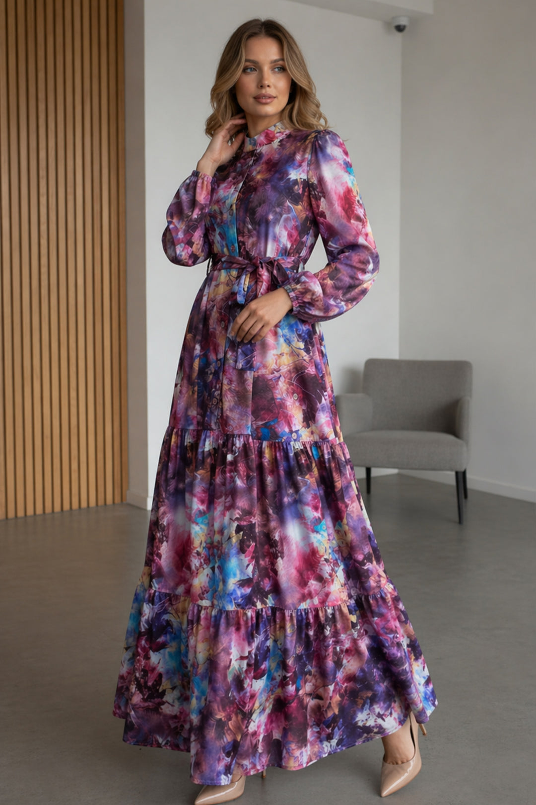 BNG Women Desenli Tesettür  Jessica Elbise B600 Mor - Huddersfield