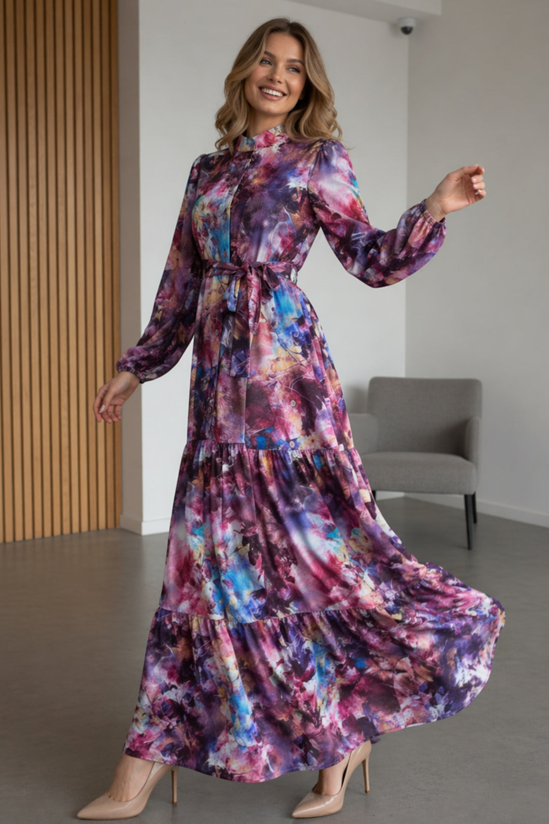 BNG Women Desenli Tesettür  Jessica Elbise B600 Mor - Huddersfield
