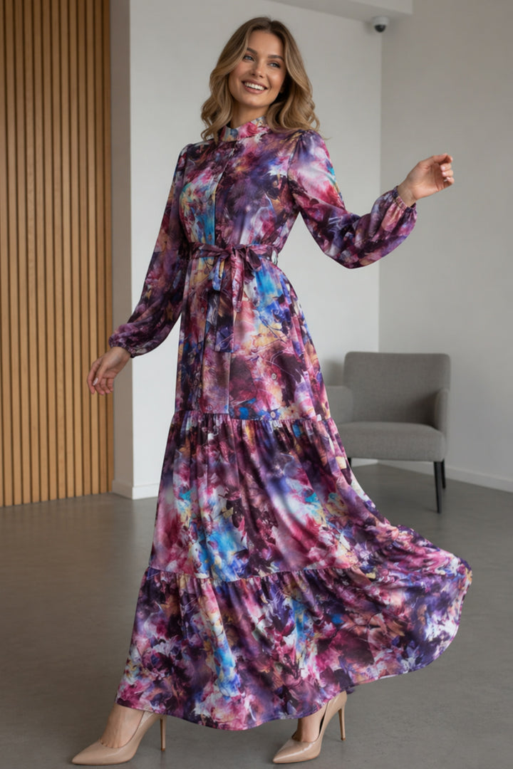 BNG Women Desenli Tesettür  Jessica Elbise B600 Mor - Huddersfield