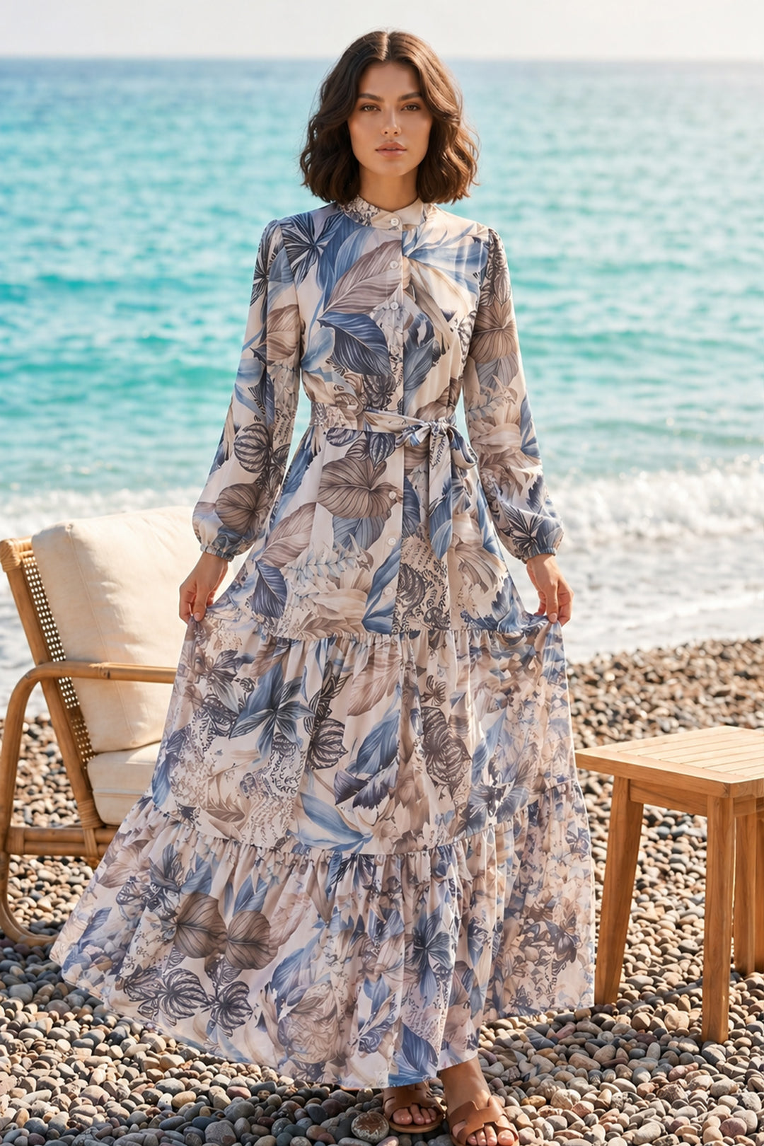 BNG Women Desenli Tesettür  Jessica Elbise B601 Taş Rengi - Kendall West