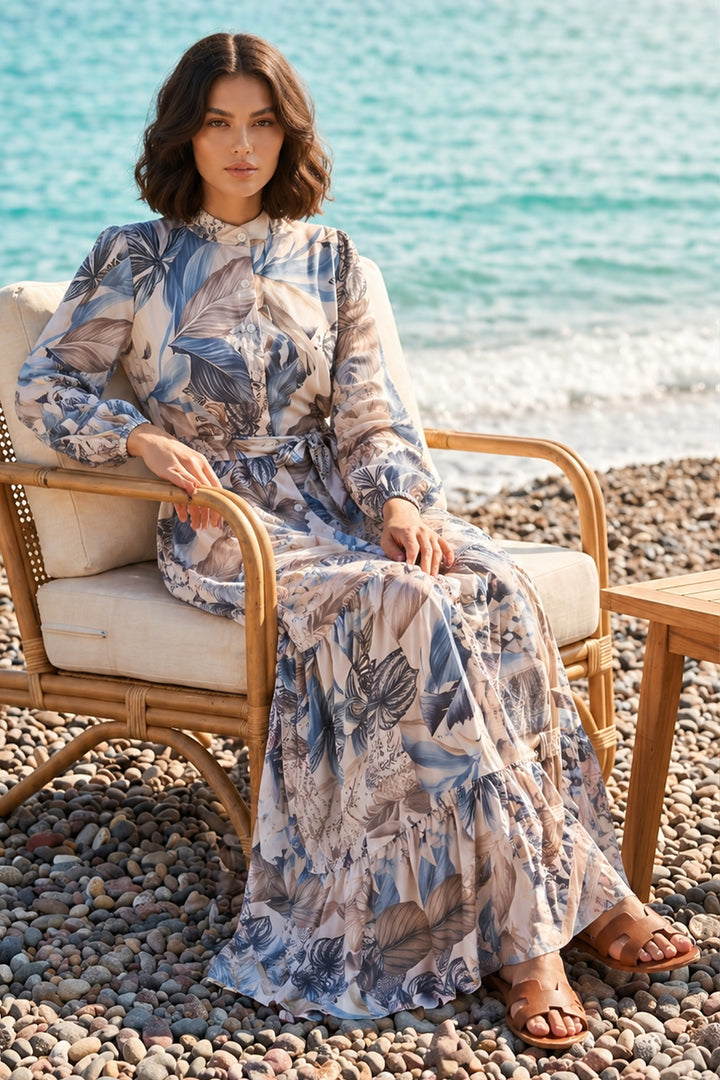 BNG Women Desenli Tesettür  Jessica Elbise B601 Taş Rengi - Kendall West