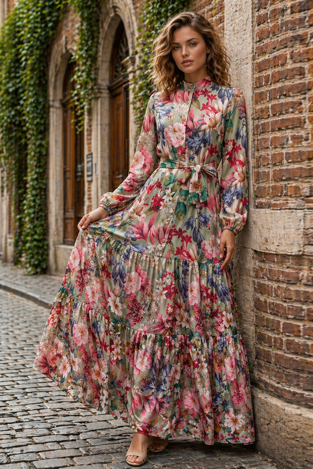 BNG Women Desenli Tesettür  Jessica Elbise B601 Yeşil - Olney
