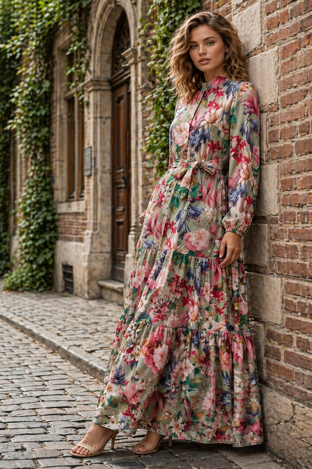 BNG Women Desenli Tesettür  Jessica Elbise B601 Yeşil - Olney