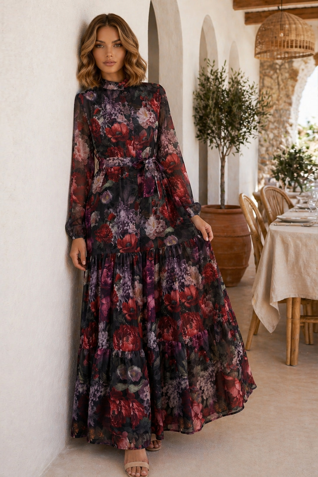 BNG Women Desenli Tesettür  Jessica Elbise B602 Siyah - Lutsk