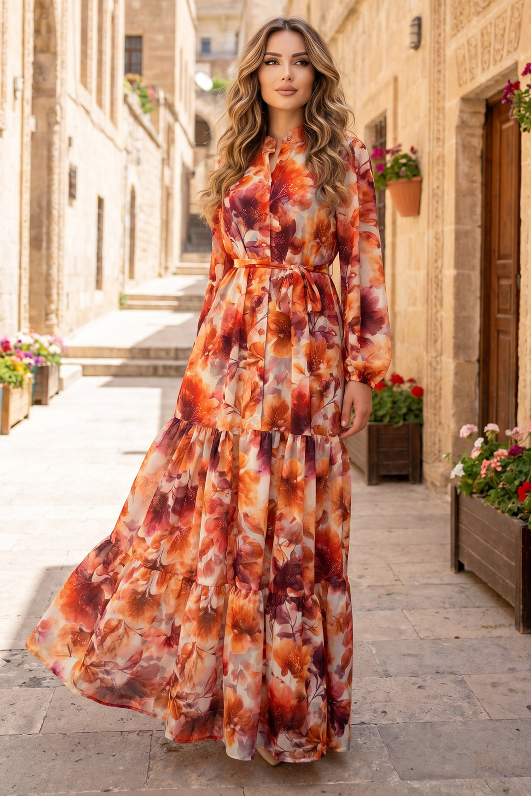 BNG Women Desenli Tesettür  Jessica Elbise B604 Oranj - Nicastro