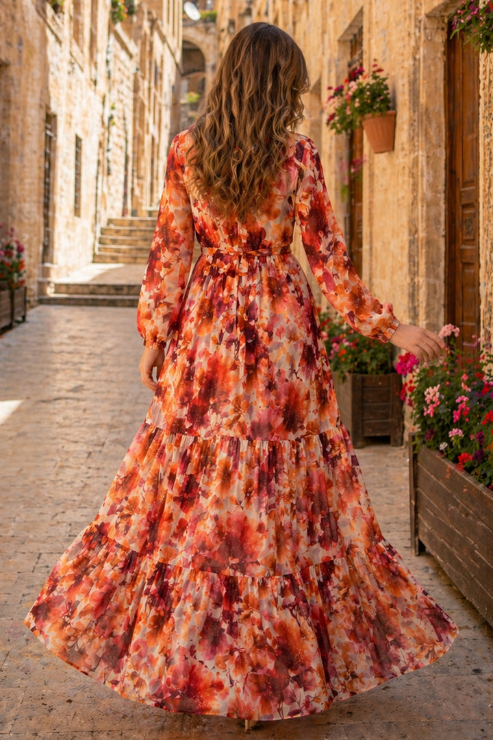 BNG Women Desenli Tesettür  Jessica Elbise B604 Oranj - Nicastro
