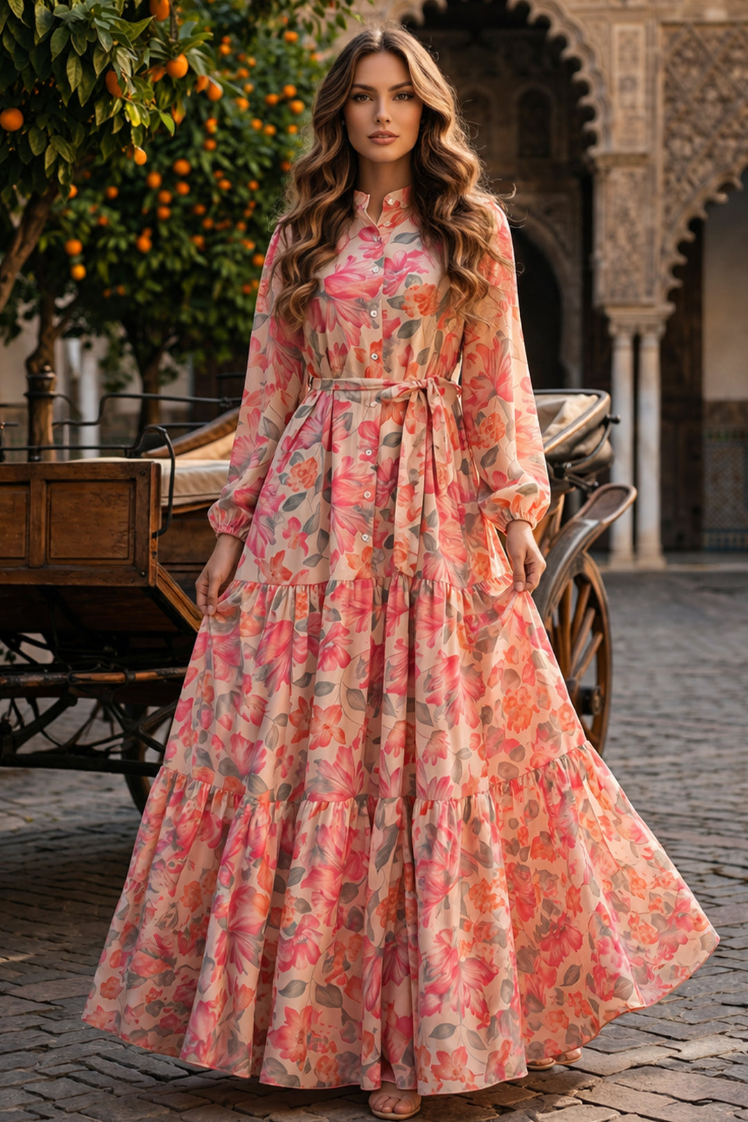 BNG Women Desenli Tesettür  Jessica Elbise B604 Pembe - Olot