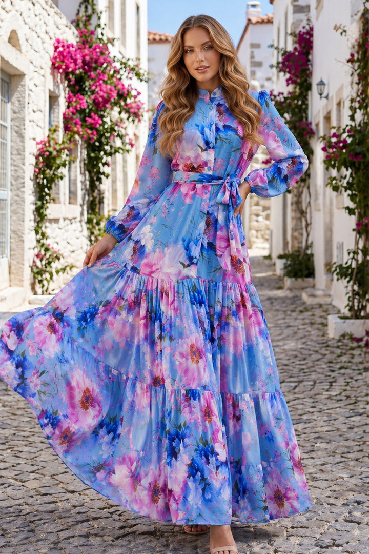 BNG Women Desenli Tesettür  Jessica Elbise B605 Mavi - Texas City