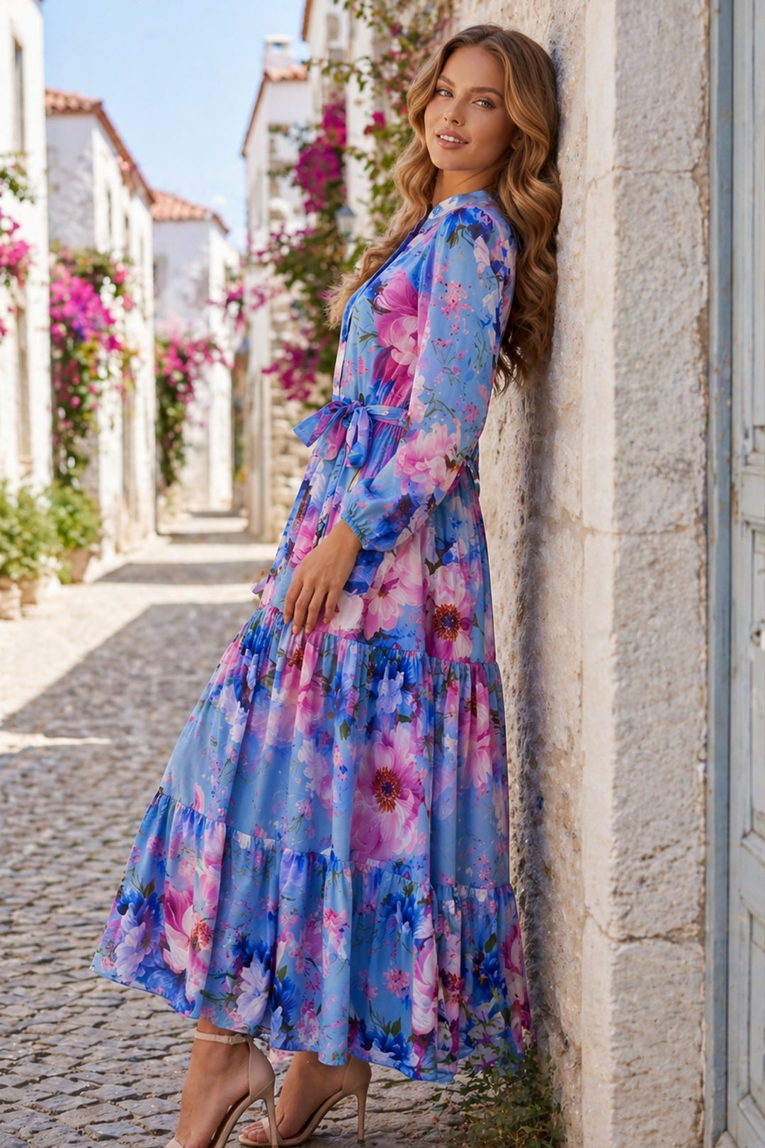 BNG Women Desenli Tesettür  Jessica Elbise B605 Mavi - Texas City