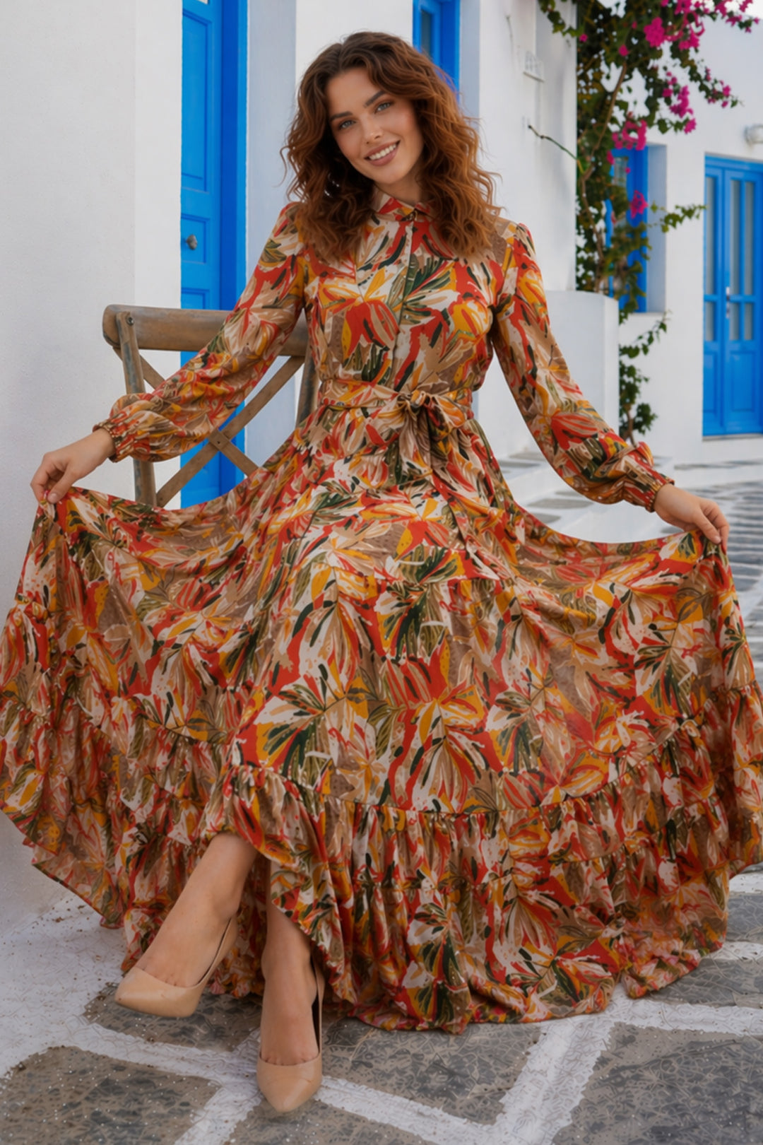 BNG Women Desenli Tesettür  Jessica Elbise B607 Sarı - Rivoli