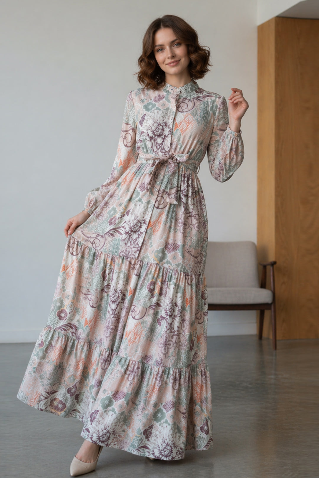 BNG Women Desenli Tesettür  Jessica Elbise B607 Taş Rengi - Aalst