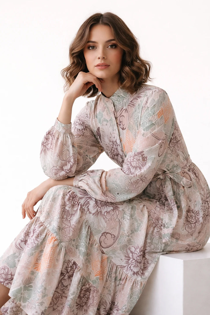 BNG Women Desenli Tesettür  Jessica Elbise B607 Taş Rengi - Aalst