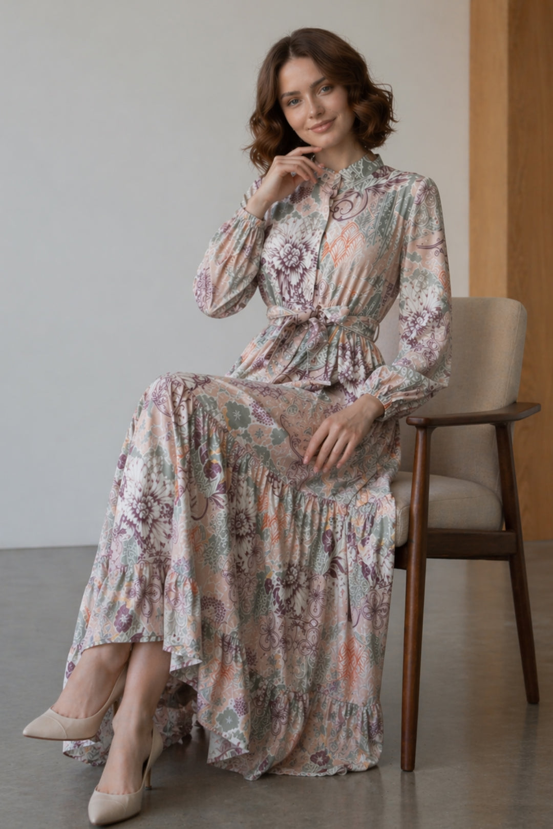 BNG Women Desenli Tesettür  Jessica Elbise B607 Taş Rengi - Aalst