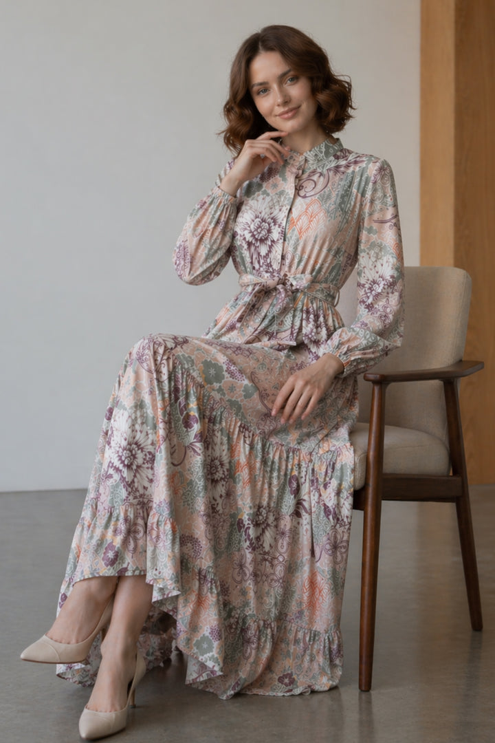 BNG Women Desenli Tesettür  Jessica Elbise B607 Taş Rengi - Aalst