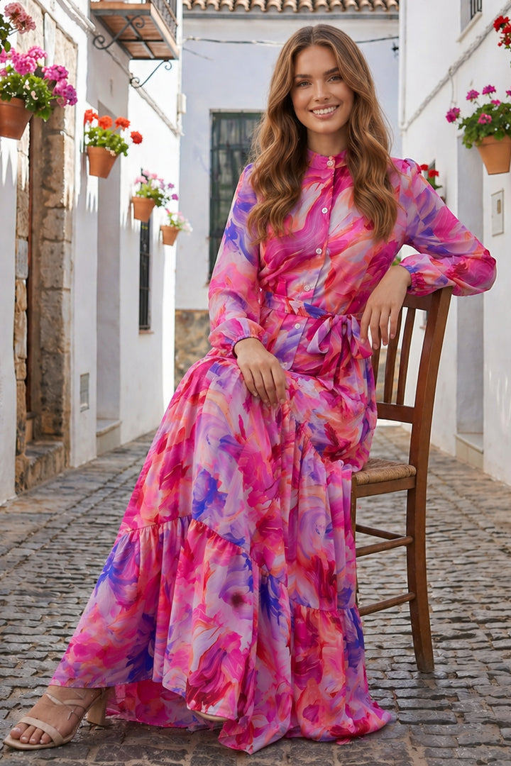 BNG Women Desenli Tesettür  Jessica Elbise B608 Fuşya - Falkirk