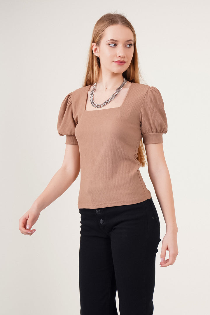 BGD Women Square Neck Knitted Blouse - Brown. - Avondale