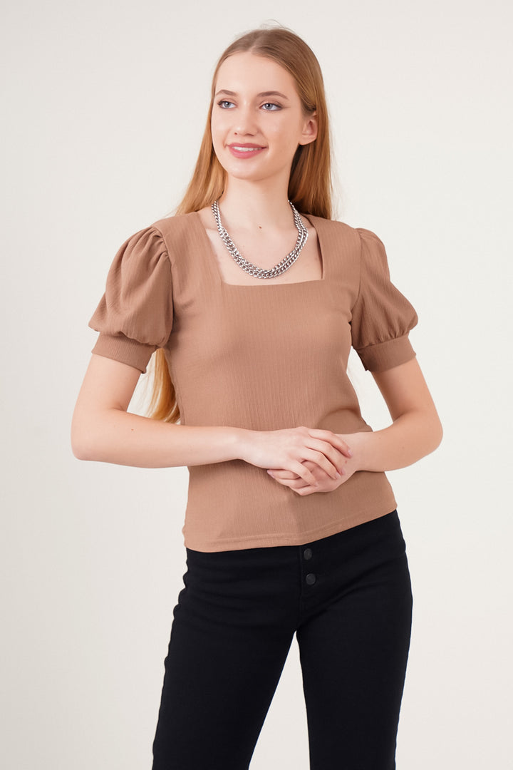 BGD Women Square Neck Knitted Blouse - Brown. - Avondale